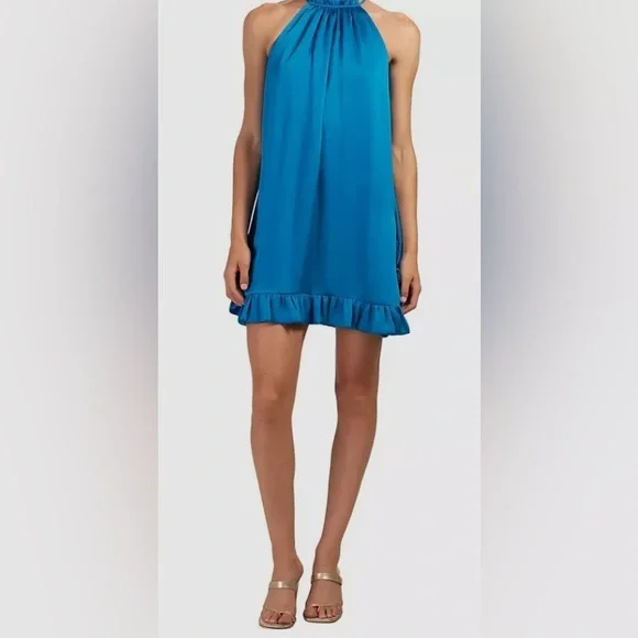 $258 Trina Trina Turk Women's Blue Murano Ruffled Satin Mini Dress Size S. A489 - Picture 2 of 5